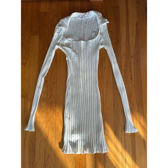 Reformation Vittoria Mini Dress Small Cream Ribbed Bodycon Collared Long Sleeve - Picture 10 of 11